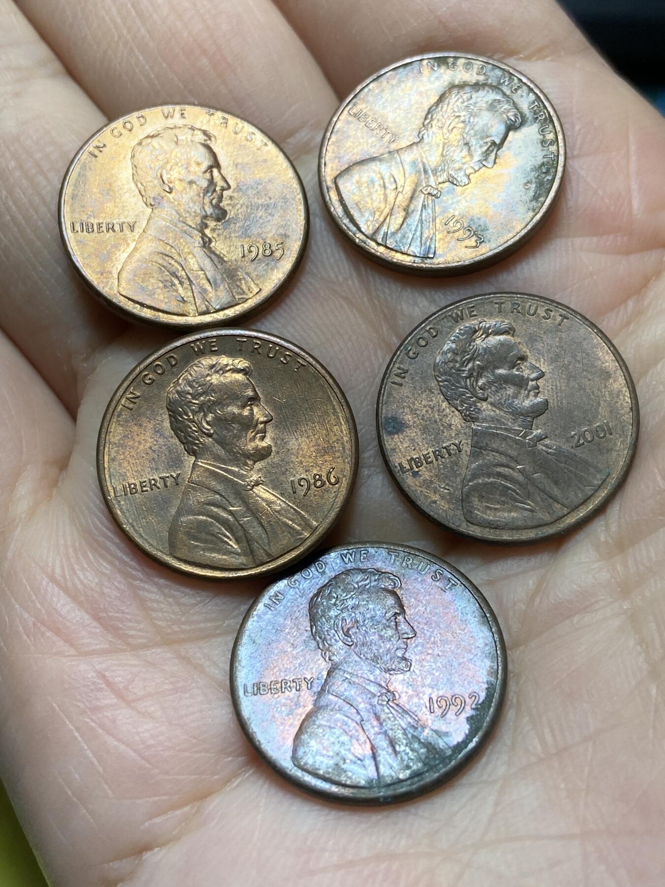 2025年第一百二十九场(总第一百五十五场）外国邮票、散币场(免佣金) 美国🇺🇸1分5枚：1985年86年92年93年2001年(林肯1分第六版)