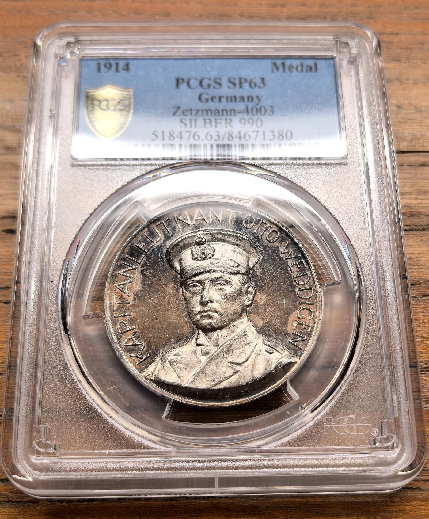 泉海漫舟·凡希社世界钱币微拍第三百十四期 1914德国一战海战英雄奥拓·魏迪根纪念银章PCGS-SP63
