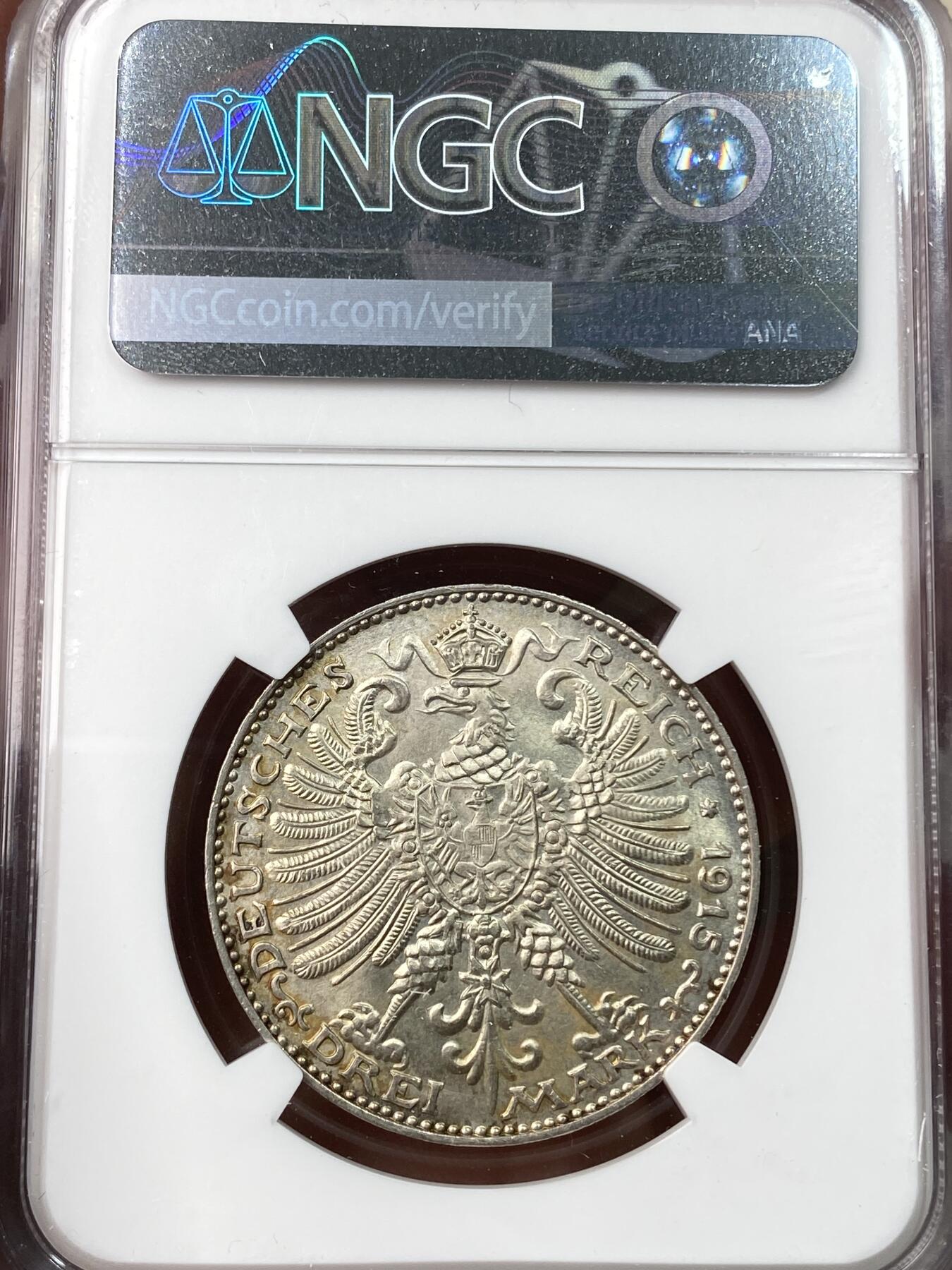 万国钱币拍卖第055期 NGC MS66 1915年德国萨克森-魏玛-爱森纳赫大公国3马克 鹰形设计独特 罕见小邦品种 超神丝绸光 NGC亚军分 顶级典藏品质