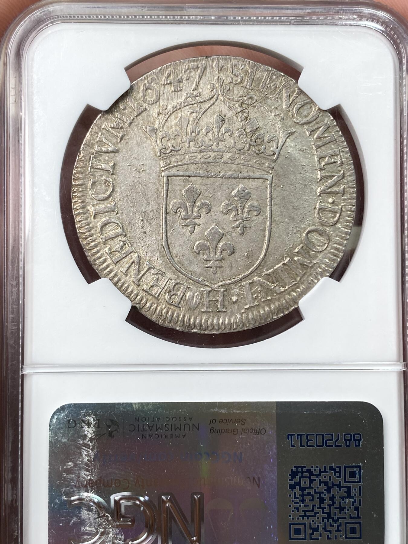 万国钱币拍卖第055期 NGC MS61 1647年法国太阳王路易十四1埃居大银币 红桃H拉罗谢尔造币厂铸 罕见全深打 底光极佳 收藏级状态