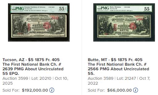 【Blue Auction】世界纸币精拍第751期——18级TOP拍卖/信誉/品质/专业/高效💫  【带星极罕见 设计非常精美 手签】美国纽约 1875年5美金国民券 正面描绘哥伦布发现新大陆和印第安公主呈现世界两个独立场景 背面是经典油画《哥伦布登陆》 大场景震撼 PMG58EPQ星星 大票幅 油墨凹凸感非常出众 对于150年前的老钞来说实在难得 凑套必备的精品  