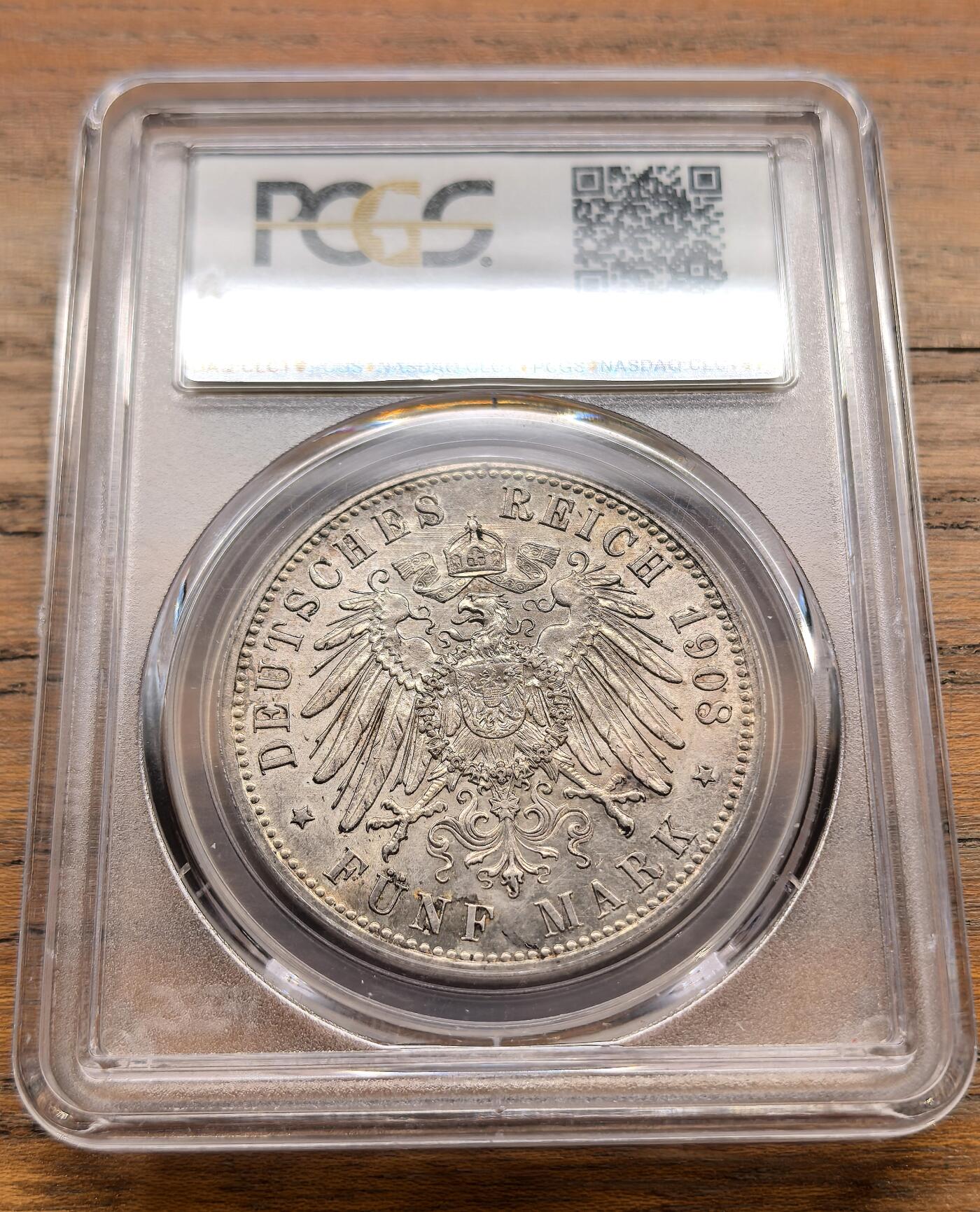 泉海漫舟·凡希社世界钱币微拍第三百十四期 1908A德国普鲁士威廉二世5马克大银PCGS-MS63，紫金淡彩，底板丝滑柔美！