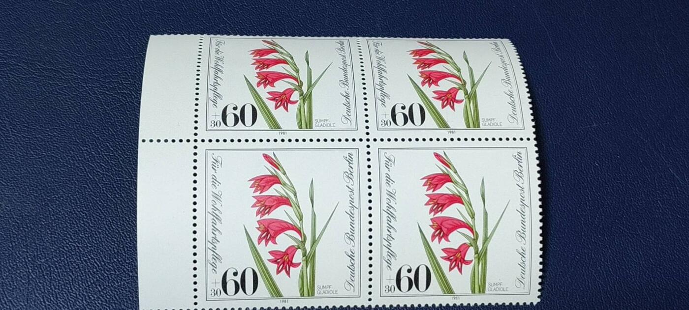 德国邮票专场，都是四方联 德国邮票  四方联，1981年发行，濒危沼泽和水生植物 ，品相如图