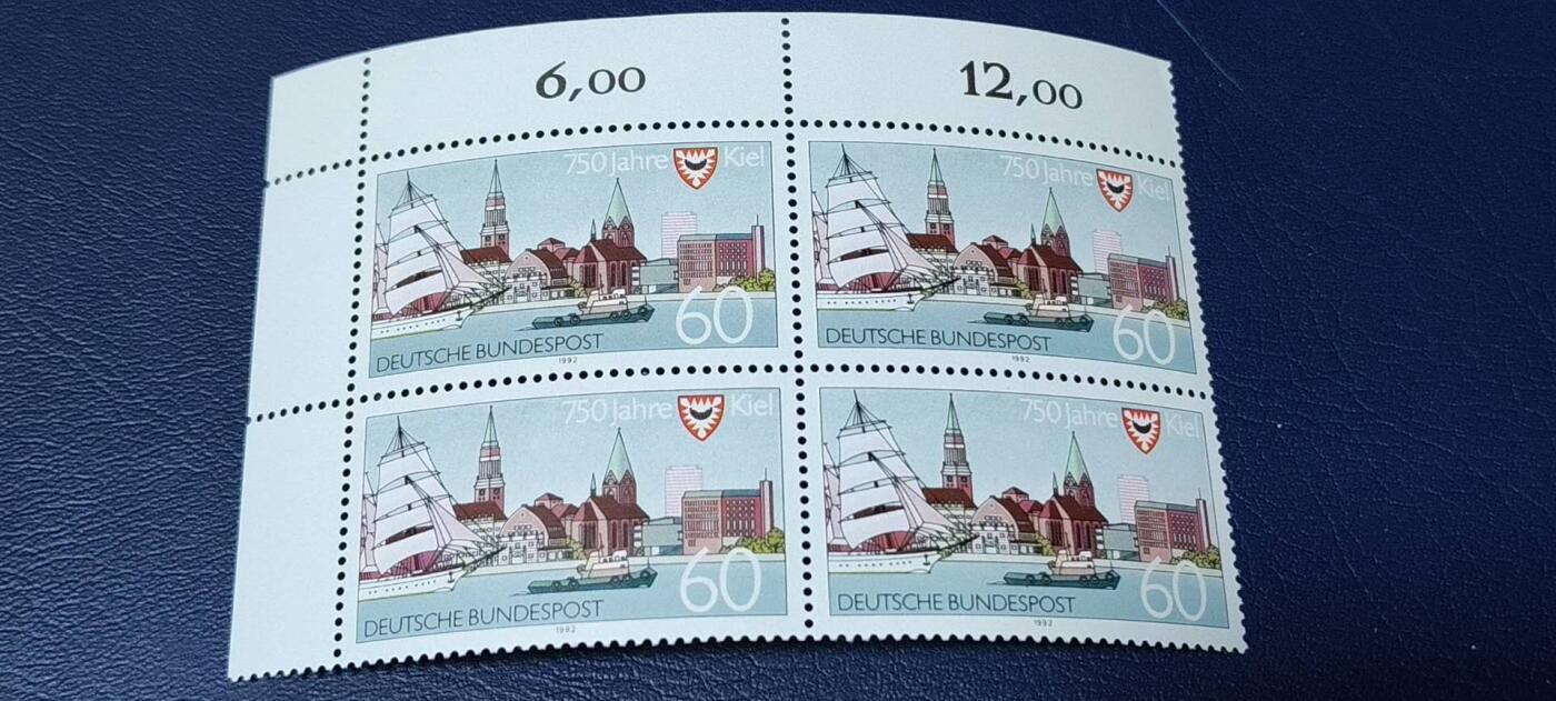 德国邮票专场，都是四方联 德国四方连邮票，1992年发行：基尔建城750周年  港口建筑  船，品相如图