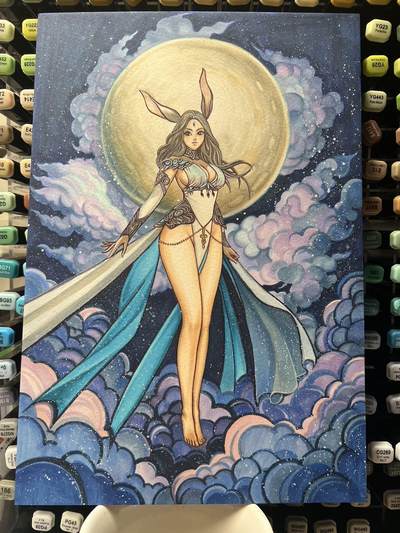 白泽拍卖卡牌手绘专场第28期（细雨生寒、寻梅闻香） - 2025 那澜手绘画 月兔 背签题