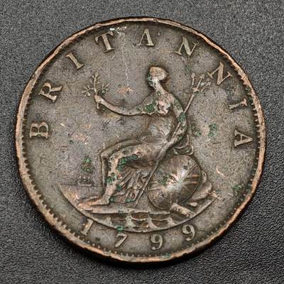 【淘币小摊】限时拍第七百九十七拍  老铜币场  满百包邮可预留两周  周一统一发货  - 英国1799年乔治三世半便士铜币