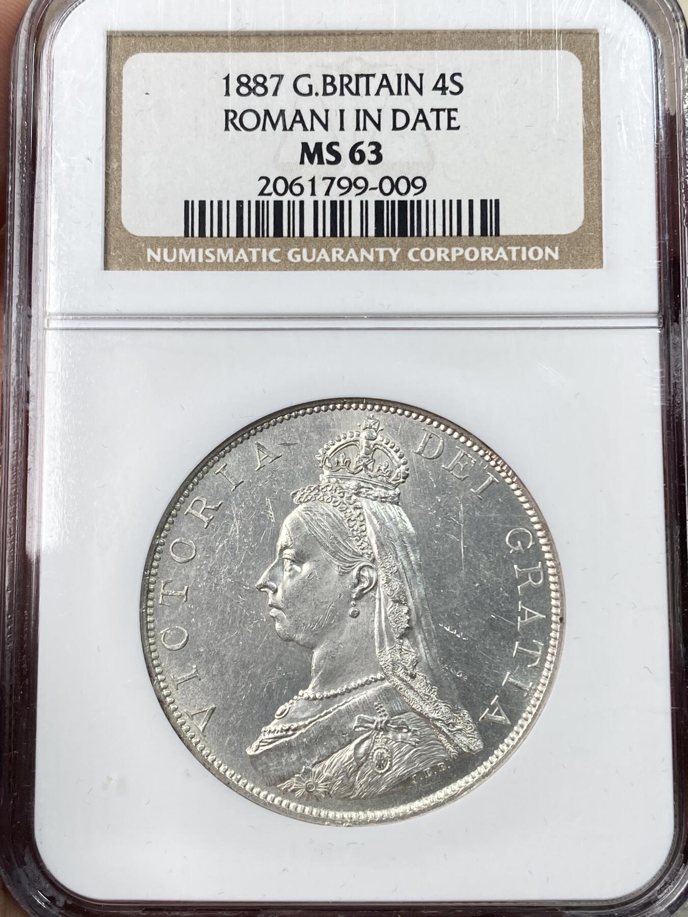 万国钱币拍卖第055期 NGC MS63 1887年英国高冠维多利亚4先令双弗洛林银币 银霜深打转光 NGC老白盒