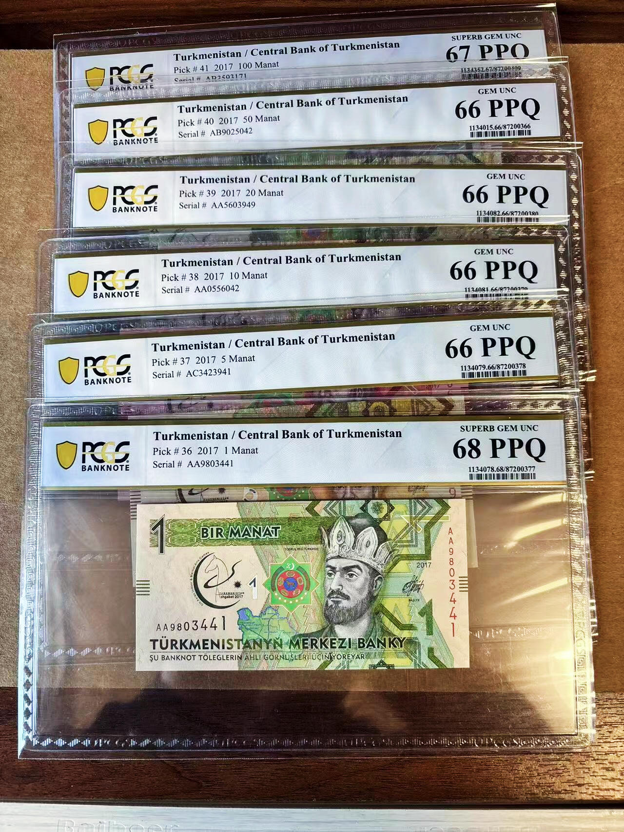 【Blue Auction】世界纸币精拍第751期——18级TOP拍卖/信誉/品质/专业/高效💫 【一组6张 含AA冠】土库曼斯坦 2017年1-100马纳特 PCGS68EPQ-66EPQ 