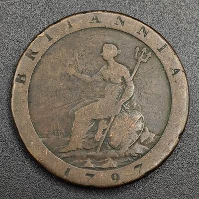 【淘币小摊】限时拍第七百九十七拍  老铜币场  满百包邮可预留两周  周一统一发货  - 英国1797年乔治三世车轮一便士铜币