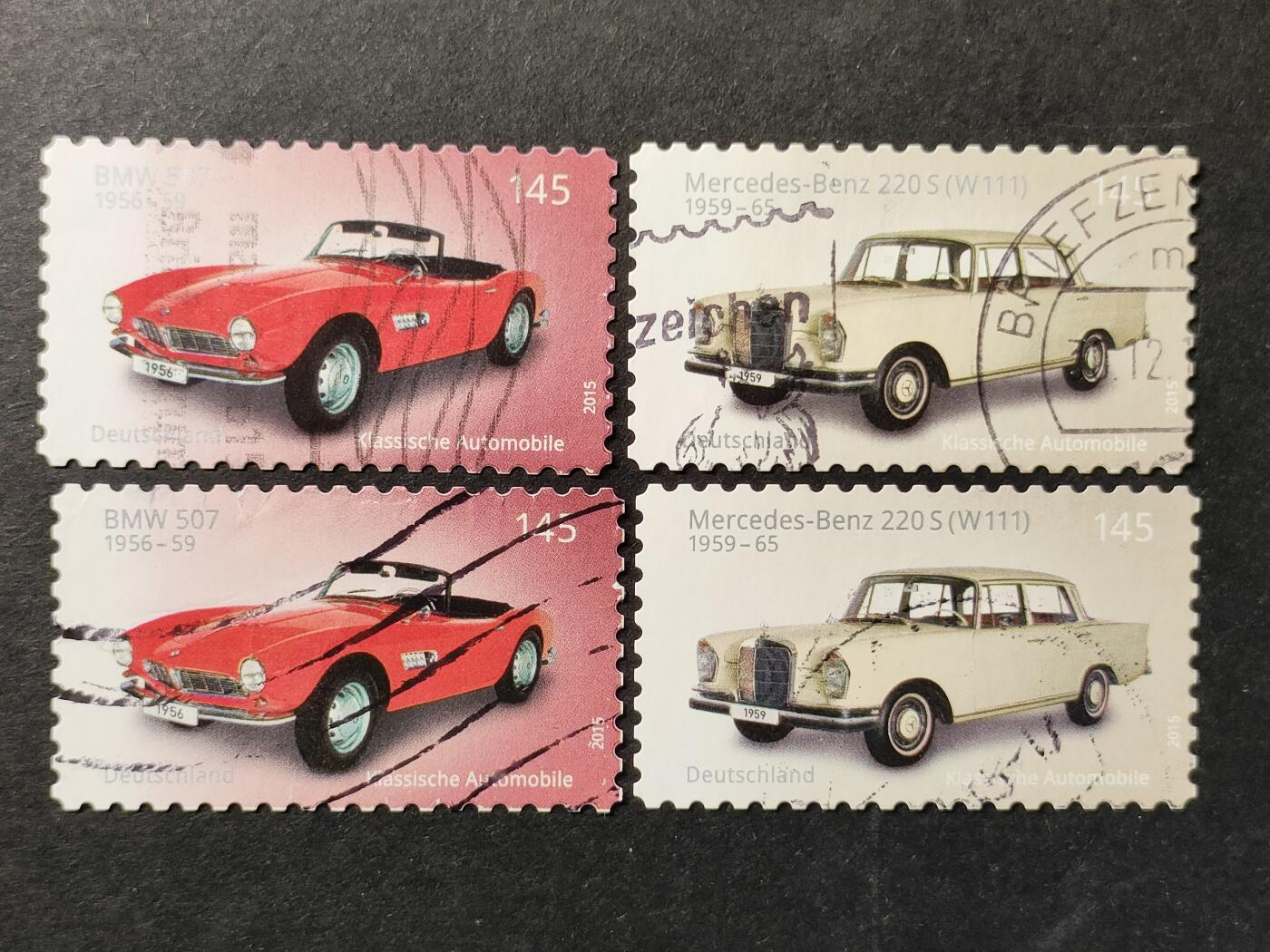 ↓君缘收藏654期☞钱币邮品↓无佣金、可寄存、满30元包邮  德国邮票，2015年经典汽车 宝马507和梅赛德斯-奔驰220S邮票2全，有2套随机发一套