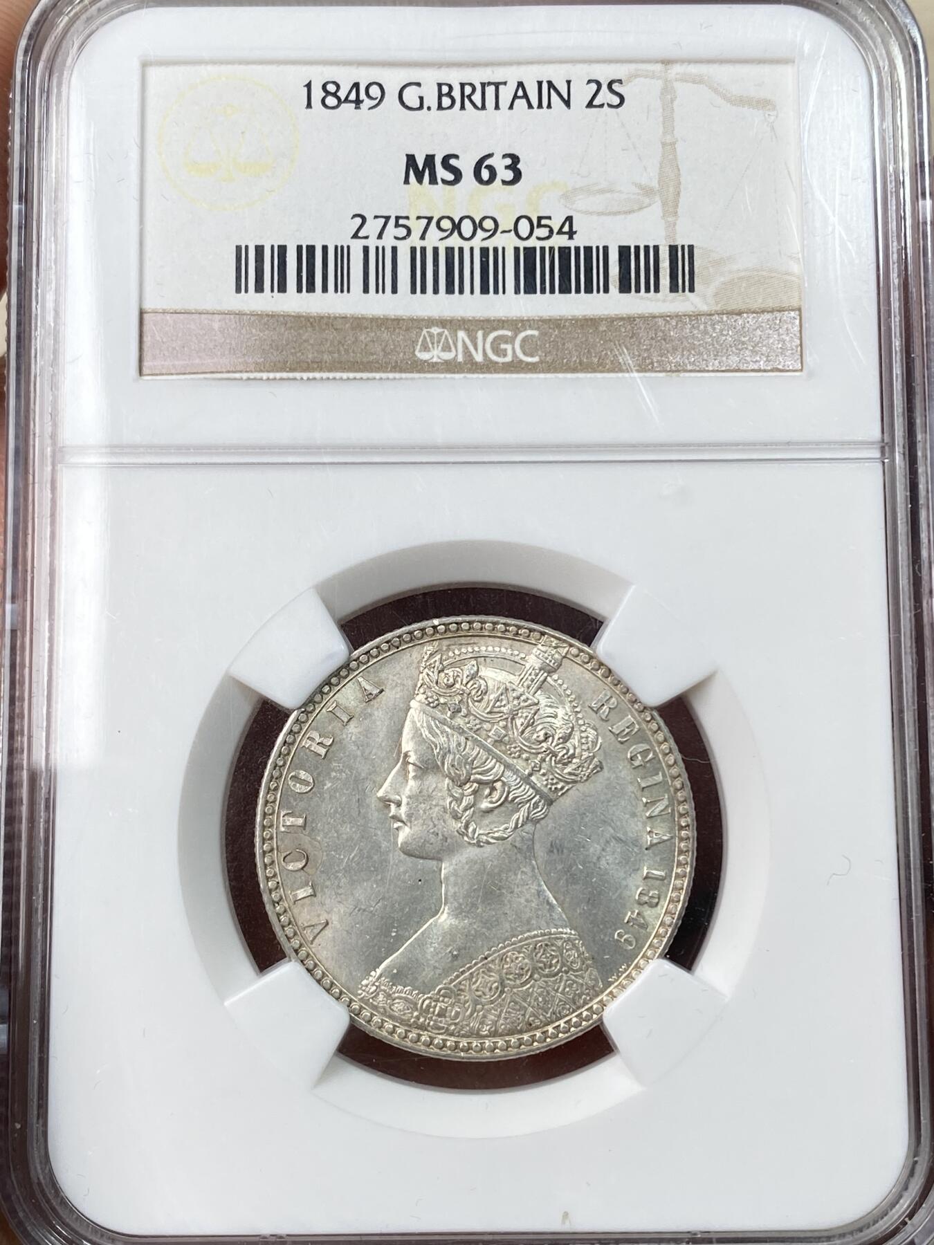 万国钱币拍卖第055期 NGC MS63 1849年英国维多利亚女王无神弗洛林 粉光深打极美 NGC老盒