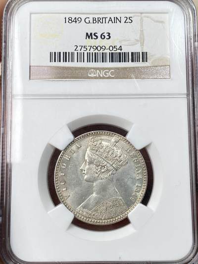 万国钱币拍卖第055期 - NGC MS63 1849年英国维多利亚女王无神弗洛林 粉光深打极美 NGC老盒