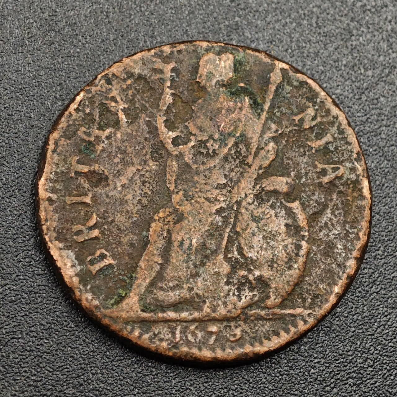 【淘币小摊】限时拍第七百九十七拍  老铜币场  满百包邮可预留两周  周一统一发货  英国1675年查尔斯二世法新铜币