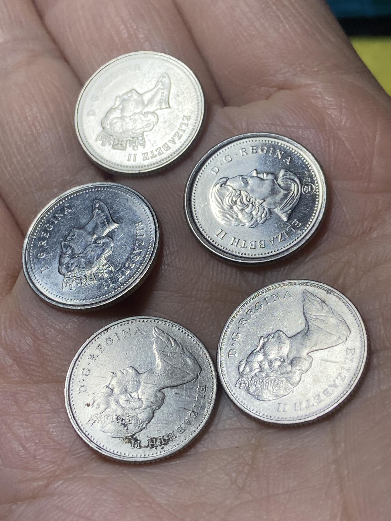 2025年第一百二十九场(总第一百五十五场）外国邮票、散币场(免佣金) 加拿大🇨🇦10分5枚：1968年73年95年90年2007年