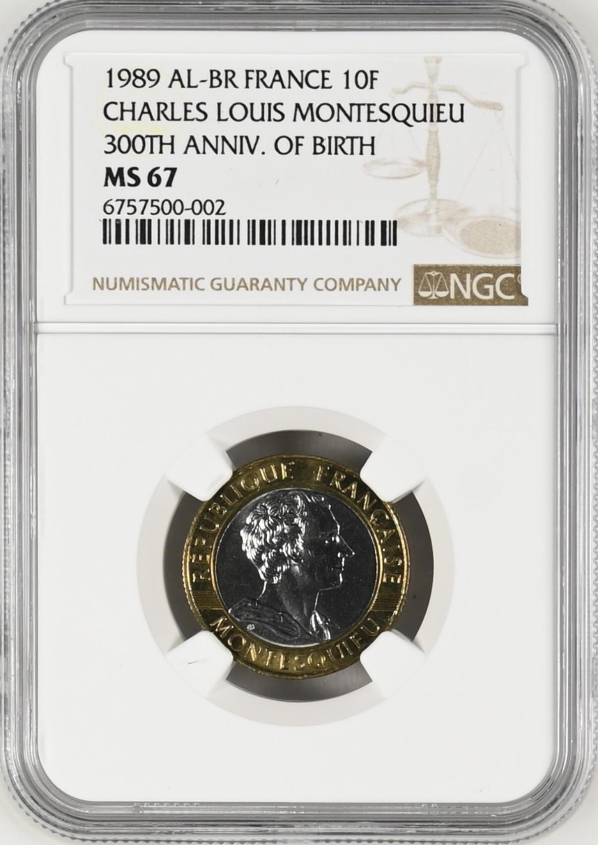 S&S Numismatic世界钱币-拍卖 第115期  法国流通币之王*法国1989年 孟德斯鸠诞辰300周年 10法郎双色纪念币 NGC MS67