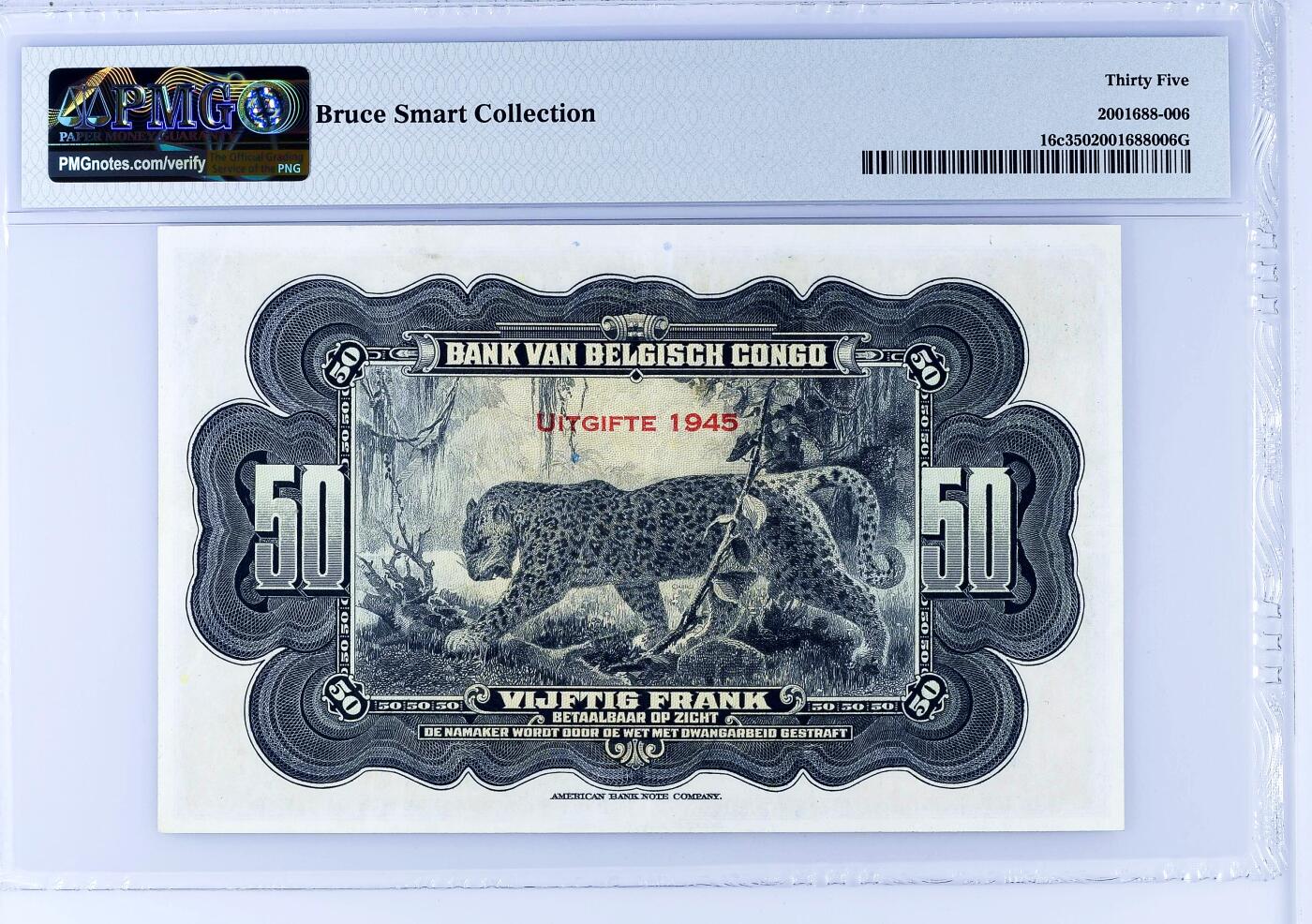 【Blue Auction】世界纸币精拍第751期——18级TOP拍卖/信誉/品质/专业/高效💫 【实钞 大名誉品 名家Smart旧藏 仅3张更高分 无47】比属刚果 1945年50法郎 ABNC出品 经典丛林豹 PMG35 雕刻非常精美 状态佳 值得收藏
