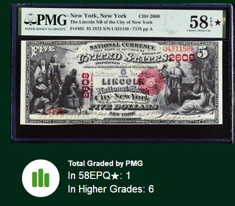 【Blue Auction】世界纸币精拍第751期——18级TOP拍卖/信誉/品质/专业/高效💫  【带星极罕见 设计非常精美 手签】美国纽约 1875年5美金国民券 正面描绘哥伦布发现新大陆和印第安公主呈现世界两个独立场景 背面是经典油画《哥伦布登陆》 大场景震撼 PMG58EPQ星星 大票幅 油墨凹凸感非常出众 对于150年前的老钞来说实在难得 凑套必备的精品  
