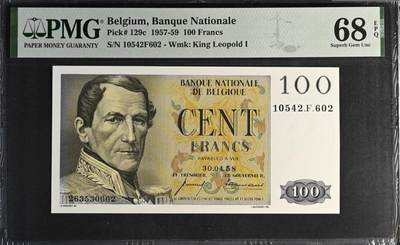 《艾美收藏》第220期-11.16周日外币畅拍场 - 比利时100法郎 PMG68E 1958年 冠军分