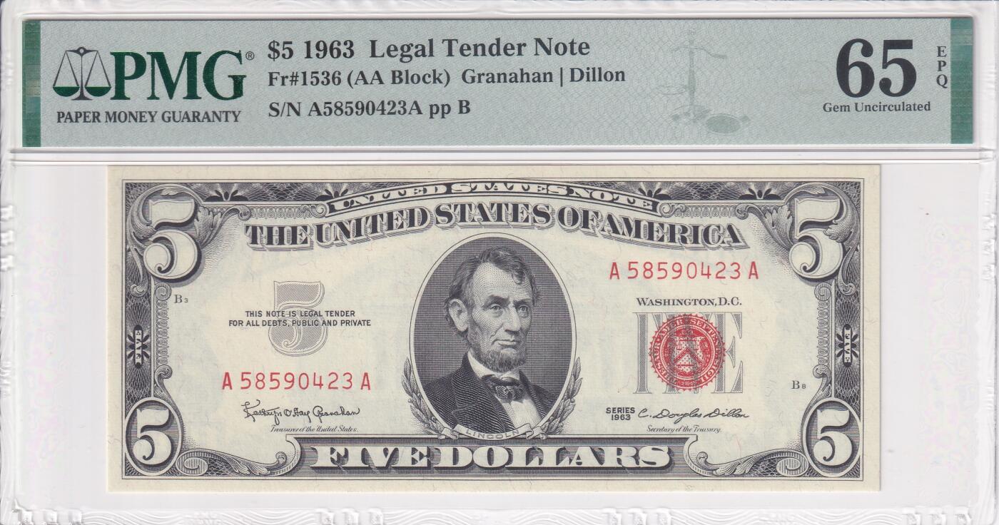 【礼羽收藏】🌏世界钱币拍卖第112期 【PMG66】美洲，美国，1963年，红库印，5美元，A....A首冠