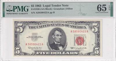 【礼羽收藏】🌏世界钱币拍卖第112期 - 【PMG66】美洲，美国，1963年，红库印，5美元，A....A首冠