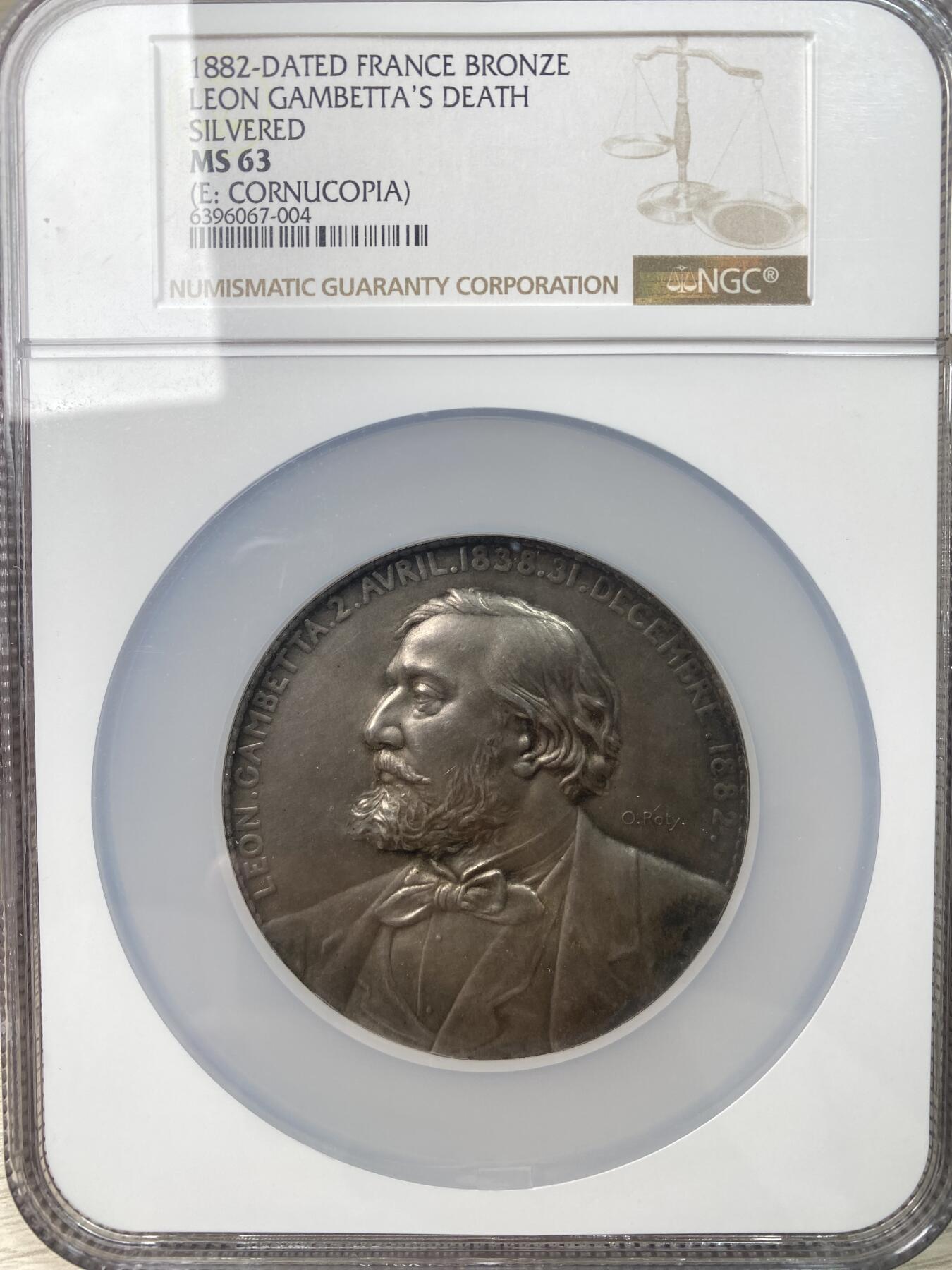 万国钱币拍卖第055期 NGC MS63 1882年法国第三共和国众议院议长莱昂·甘必大逝世纪念镀银大铜章 法系罗蒂名家雕刻