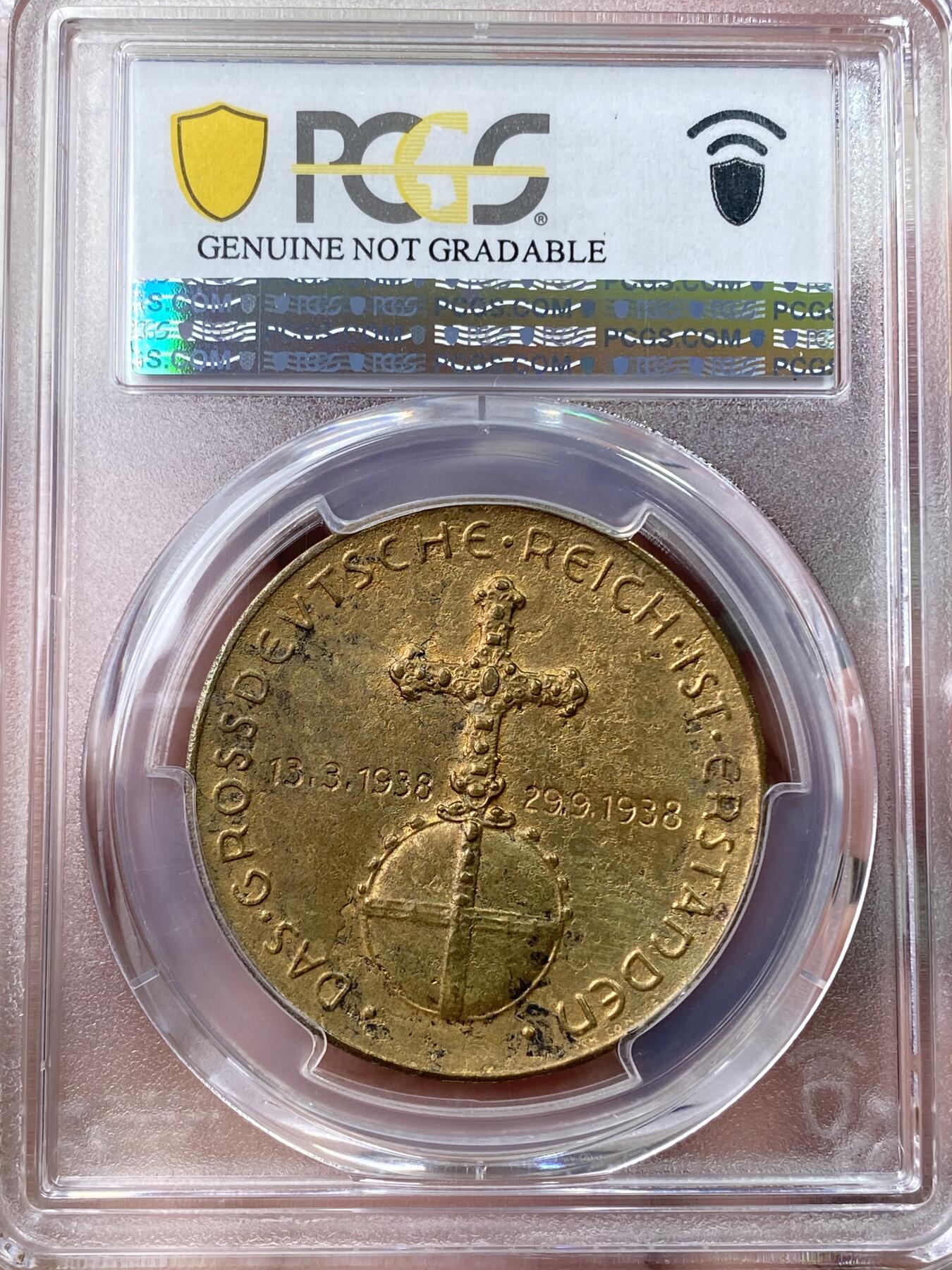 万国钱币拍卖第055期 PCGS AUD 1938年德国民族社会主义工人党党魁纪念吞并奥地利铜章 相比银章少见的多（原图请私信后台或自行查询评级官网）