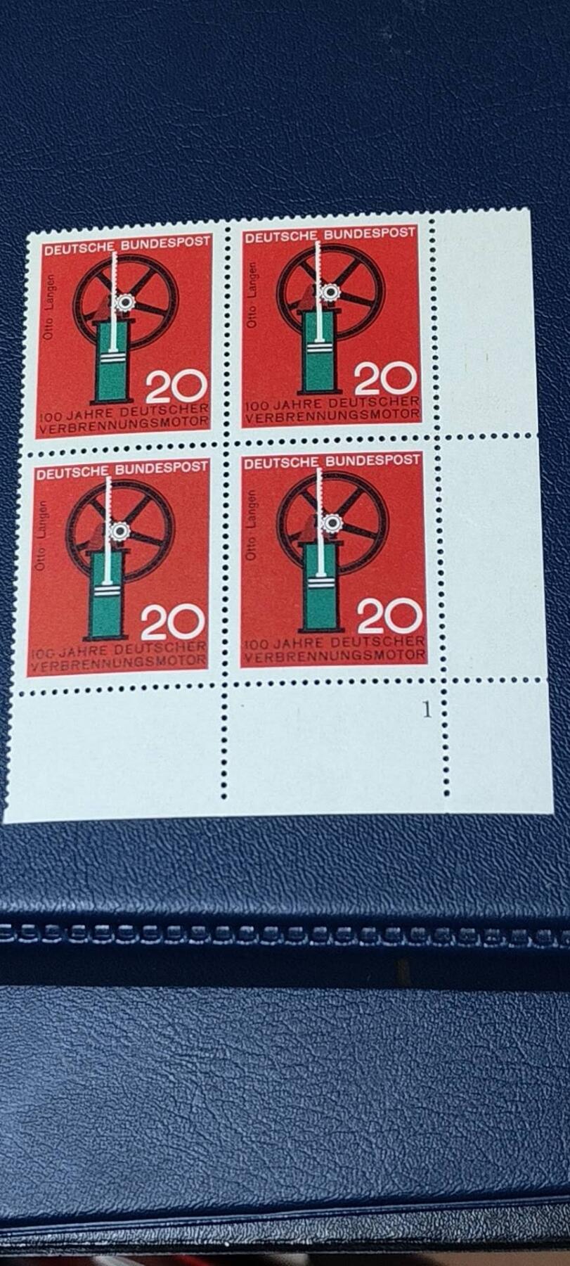德国邮票专场，都是四方联 德国邮票四方联，1964年发行，西德苯分子原子核裂变四冲程内燃机3全之一，品相如图