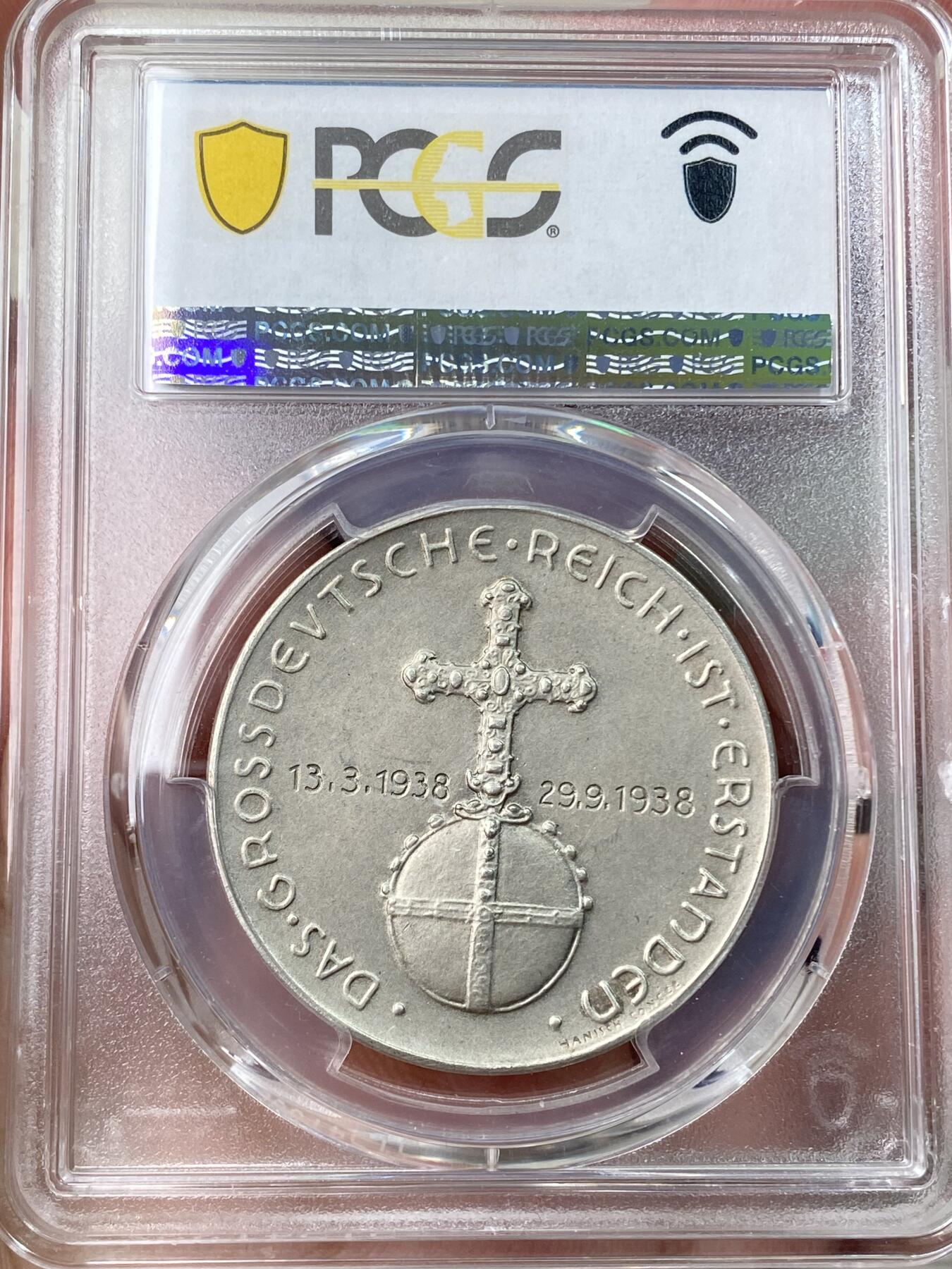万国钱币拍卖第055期 PCGS SP64 1938年德国民族社会主义工人党纪念吞并奥地利银章 C-114 MATTE磨砂原味包浆 边835 （原图请私信后台或自行查询官网）