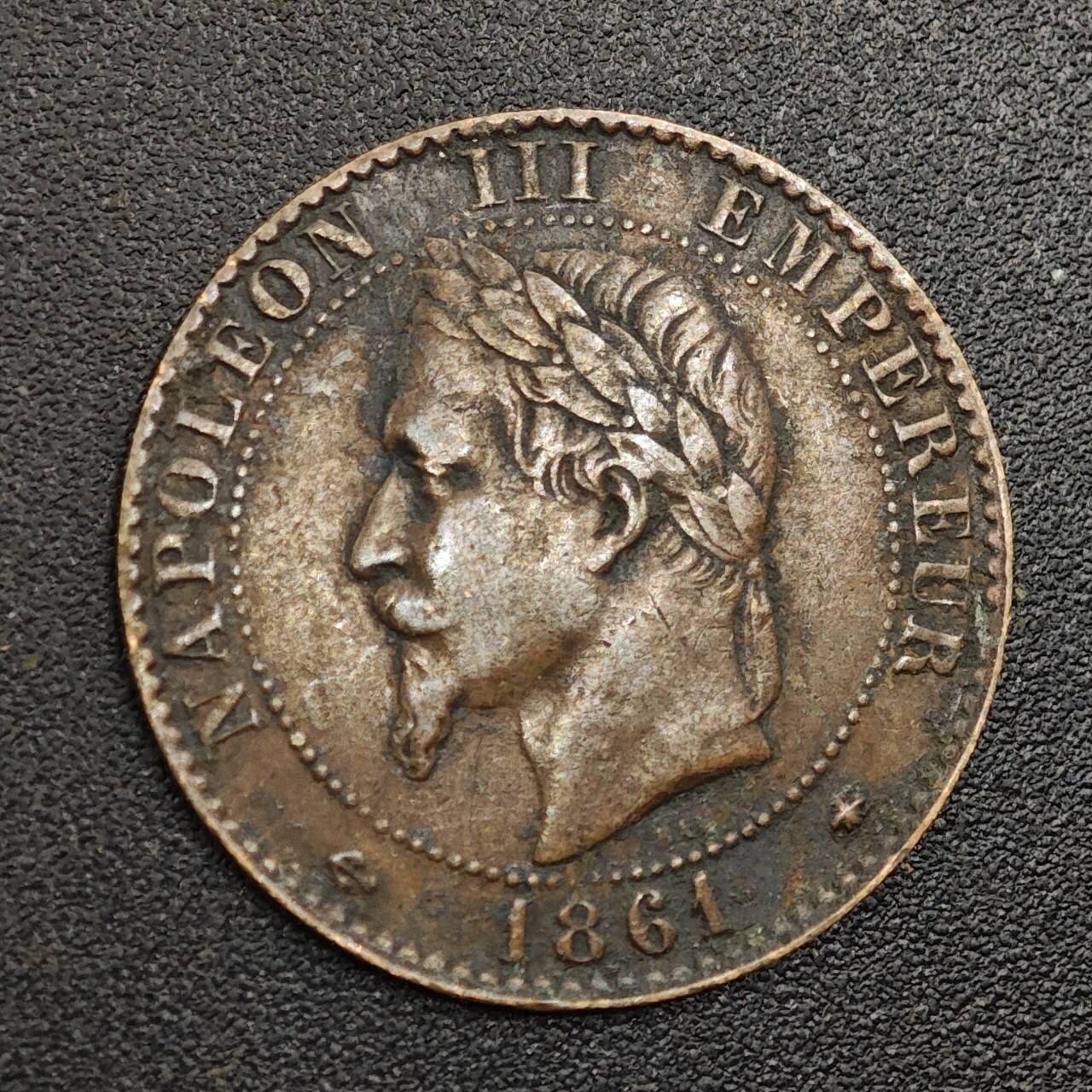 【淘币小摊】限时拍第七百九十七拍  老铜币场  满百包邮可预留两周  周一统一发货  法国1861面拿破仑三世2分铜币好品