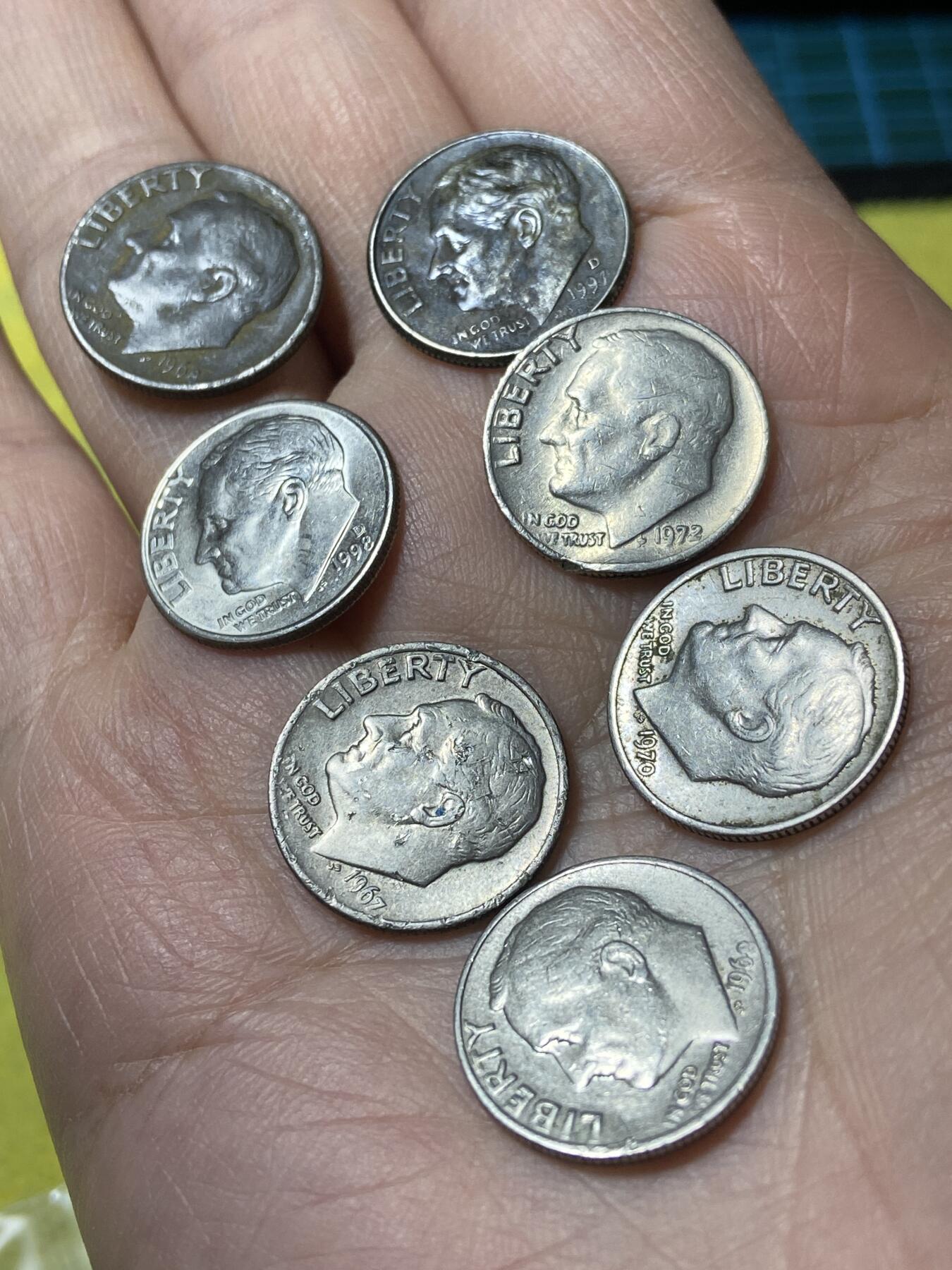 2025年第一百二十九场(总第一百五十五场）外国邮票、散币场(免佣金) 美国🇺🇸1角7枚：1968年67年70年72年97年98年(罗斯福1角第二版)