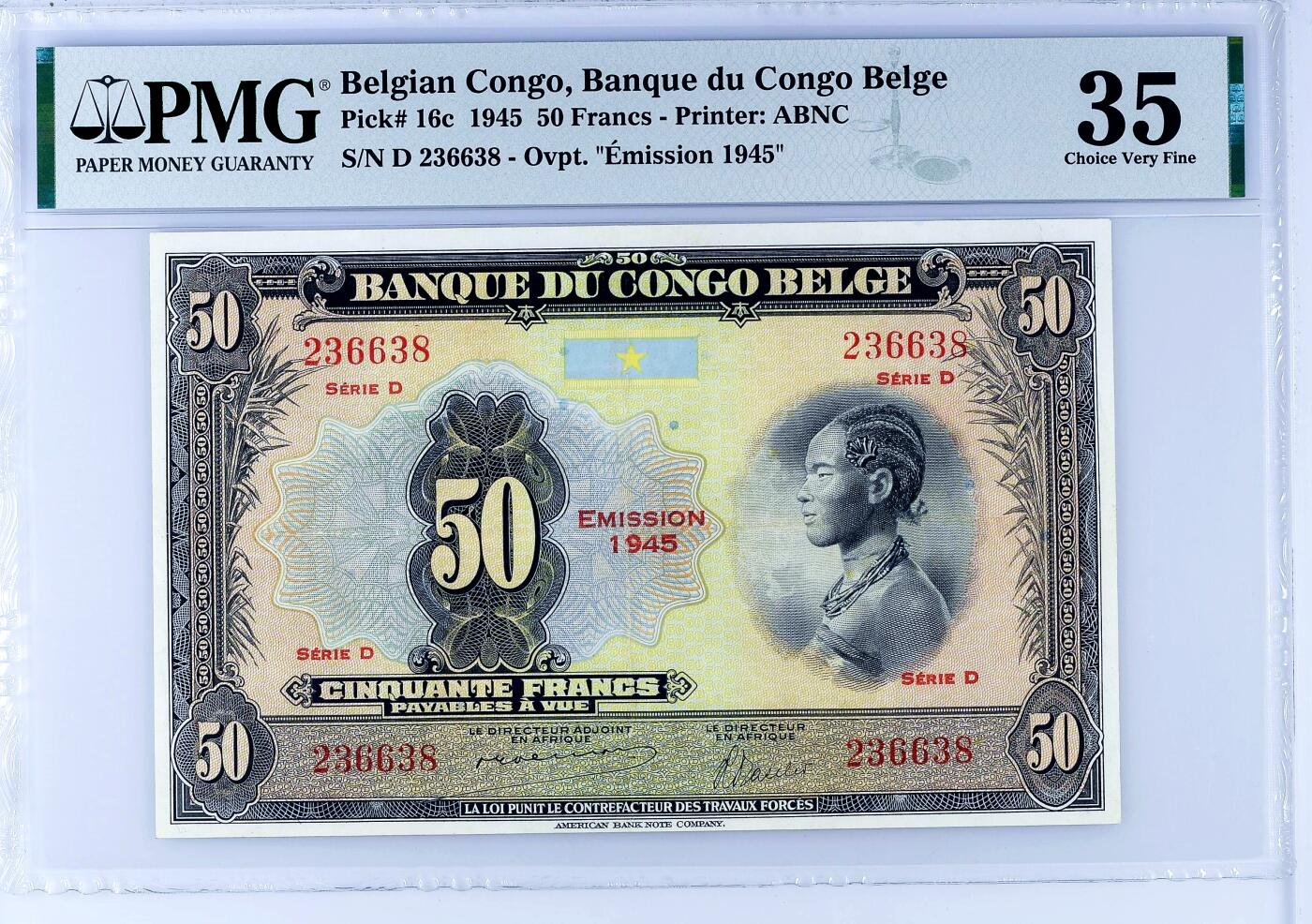 【Blue Auction】世界纸币精拍第751期——18级TOP拍卖/信誉/品质/专业/高效💫 【实钞 大名誉品 名家Smart旧藏 仅3张更高分 无47】比属刚果 1945年50法郎 ABNC出品 经典丛林豹 PMG35 雕刻非常精美 状态佳 值得收藏
