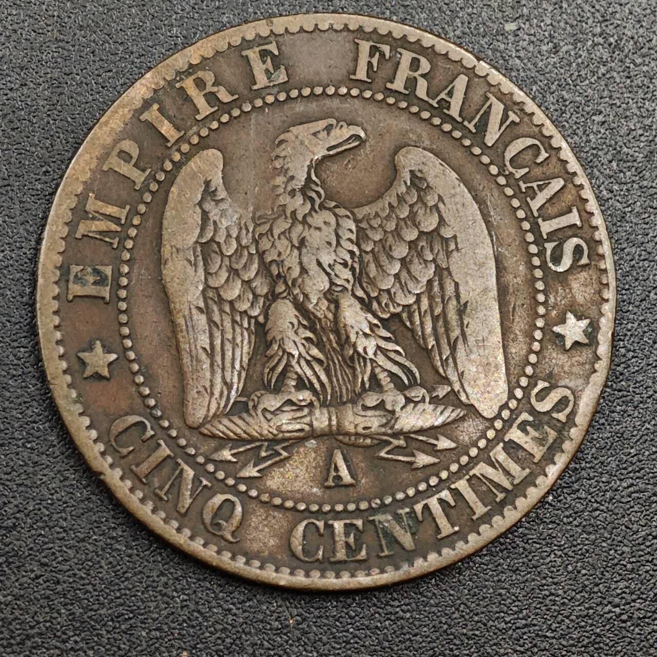 【淘币小摊】限时拍第七百九十七拍  老铜币场  满百包邮可预留两周  周一统一发货  法国1863年拿破仑三世5分铜币