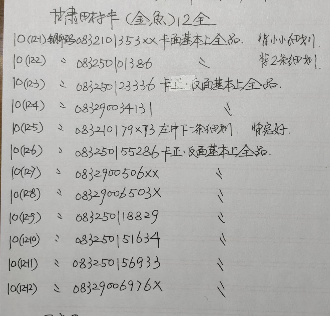 公藏第58期裸卡拍卖 甘肃田村卡【金鱼】12全品相钢印码见描述。