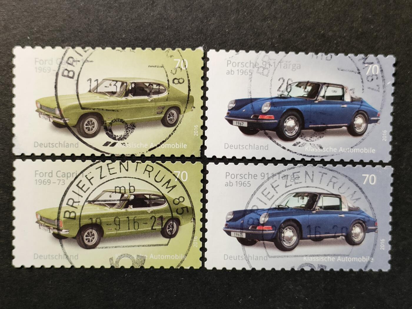 ↓君缘收藏654期☞钱币邮品↓无佣金、可寄存、满30元包邮  德国邮票，2016年经典汽车 福特卡普里和保时捷911邮票2全，有2套随机发一套