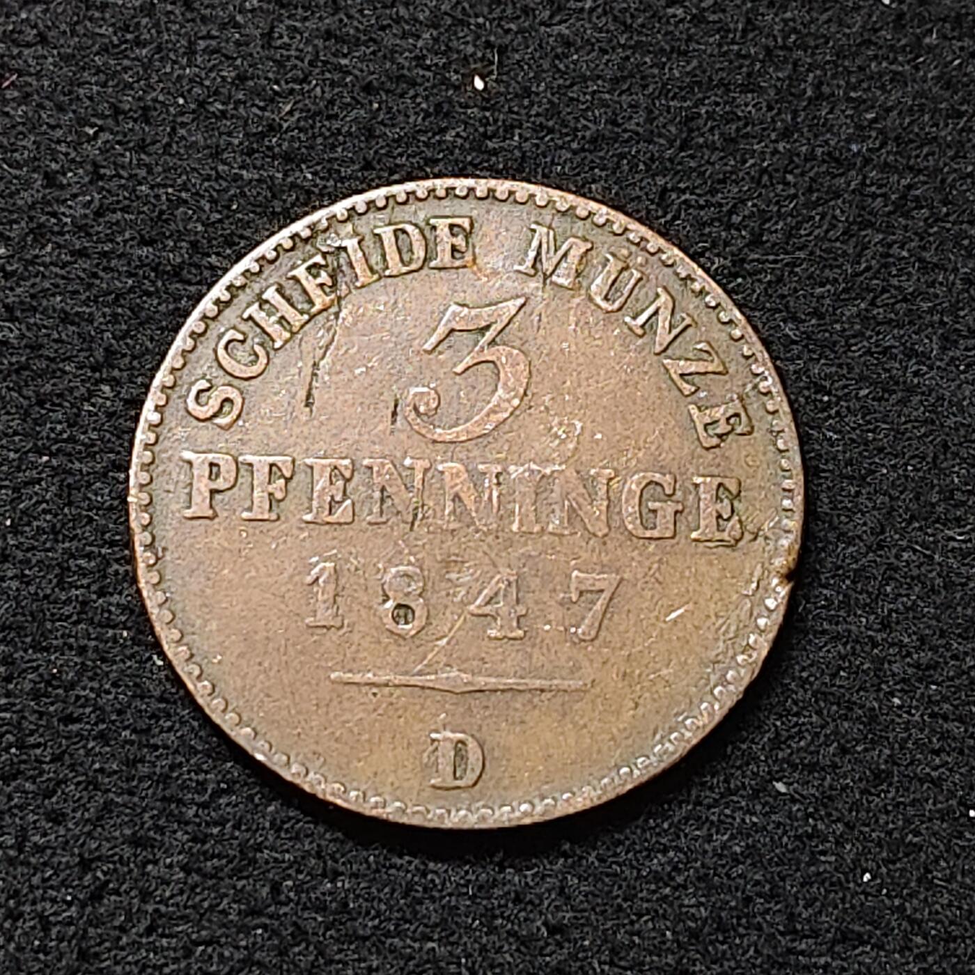 【全场包邮】纯粹捡漏拍478场（免费代拍第15场） 德国普鲁士1847年1/120泰勒（3芬妮）铜币