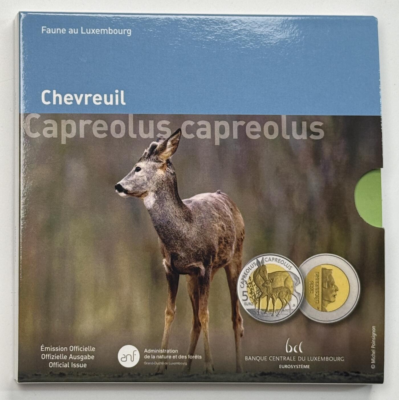 S&S Numismatic世界钱币-拍卖 第115期  卢森堡2025年 卢森堡动植物系列 – 狍子 5欧元925银+北欧金双色精制纪念币 官方卡币  发行量2000枚