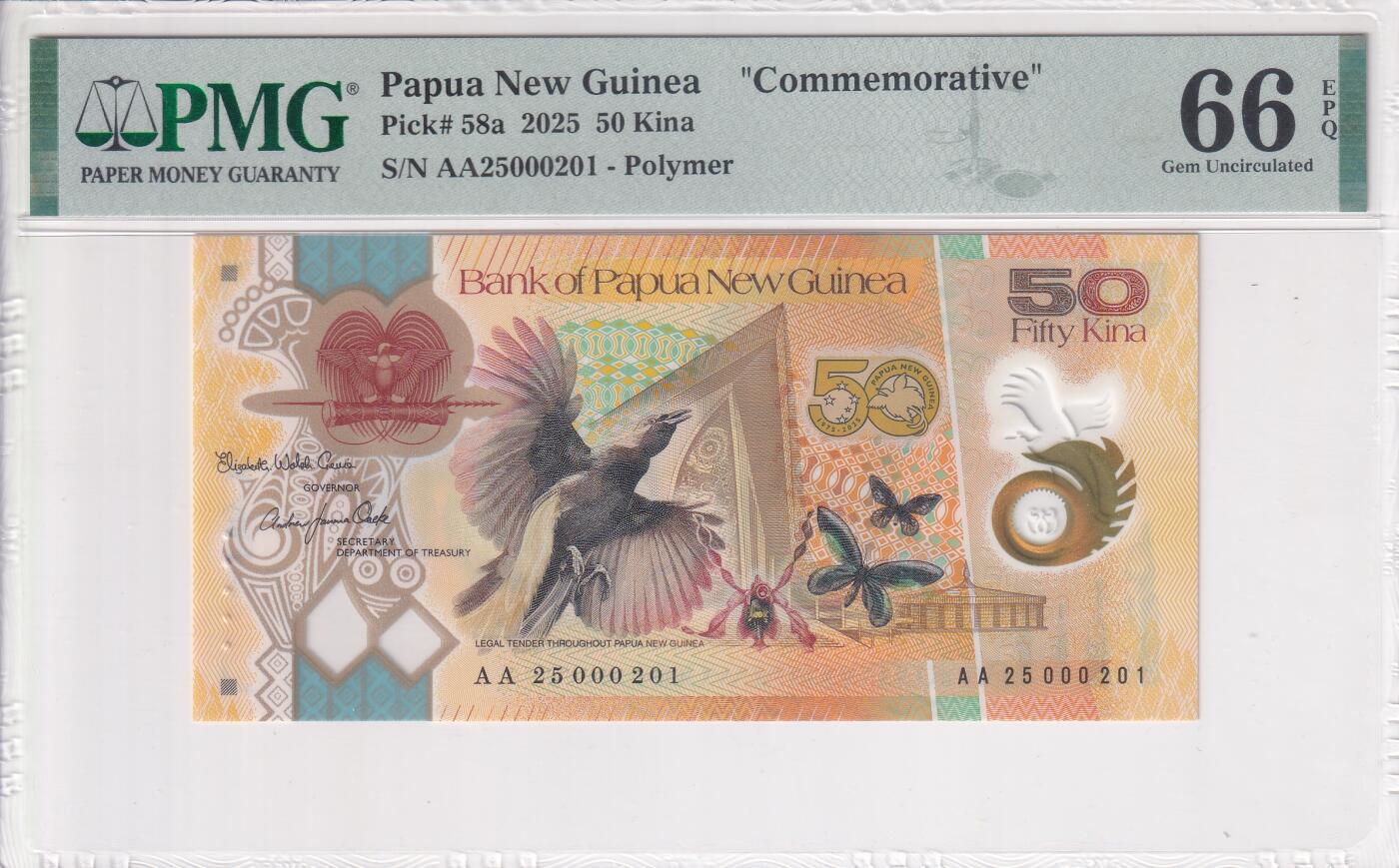【礼羽收藏】🌏世界钱币拍卖第112期 【PMG66】大洋洲，巴布亚新几内亚，2025年，独立50周年，50基纳，纪念钞，AA25首冠，无47百位号
