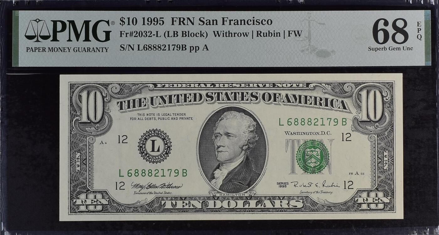 《艾美收藏》第220期-11.16周日外币畅拍场 美国10元 PMG68E 1995年 无4 亚军分