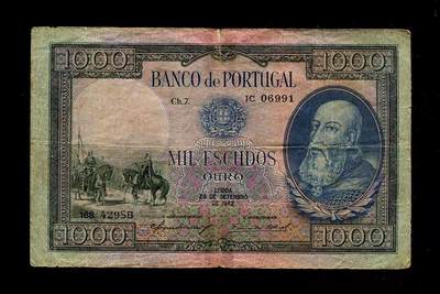 11月16号晚上8点 外国纸币自动截拍第60场 - 葡萄牙 珍品 1942年1000原票