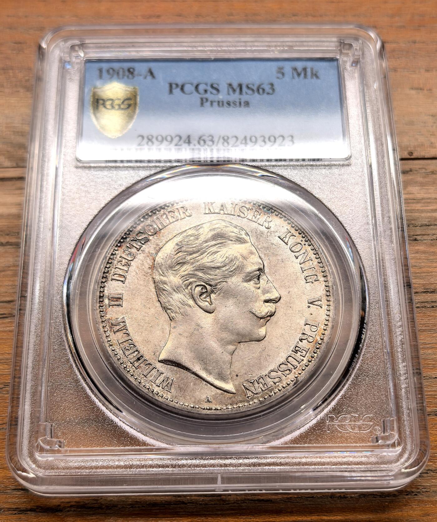 泉海漫舟·凡希社世界钱币微拍第三百十四期 1908A德国普鲁士威廉二世5马克大银PCGS-MS63，紫金淡彩，底板丝滑柔美！