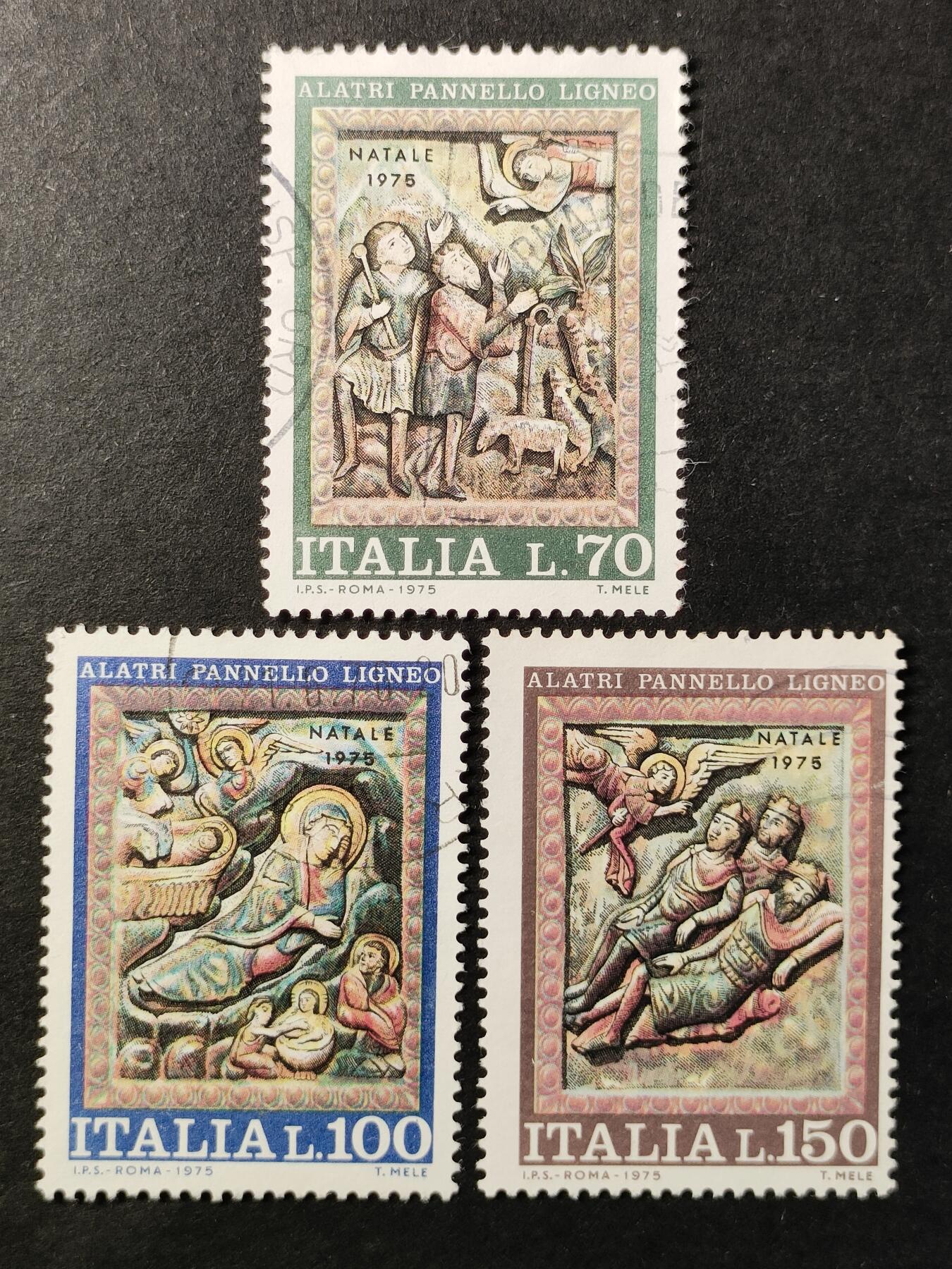 嘉禾收藏    【第380期】            无佣金、可寄存、满30元包邮 意大利邮票，1975年圣诞节 大教堂门上的木质镶嵌画邮票3全