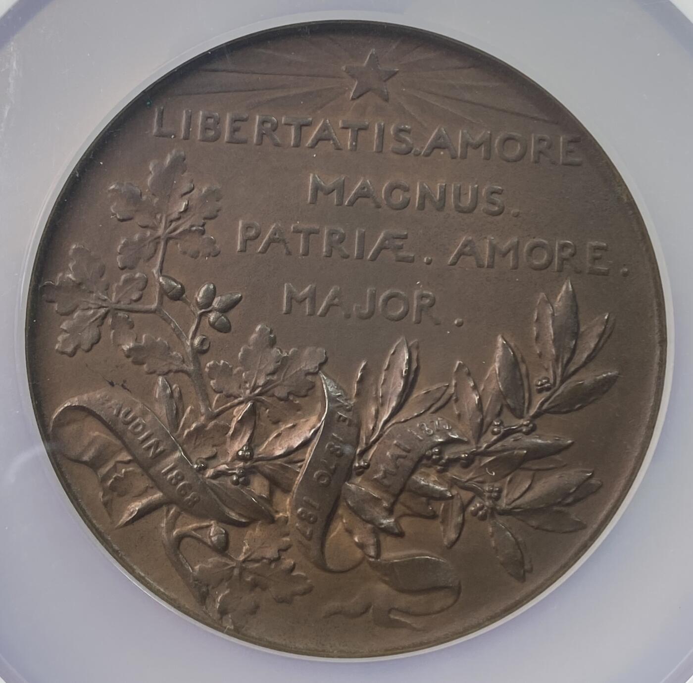 万国钱币拍卖第055期 NGC MS64 1882年法国第三共和国众议院议长莱昂·甘必大逝世纪念大铜章 法系罗蒂名家雕刻