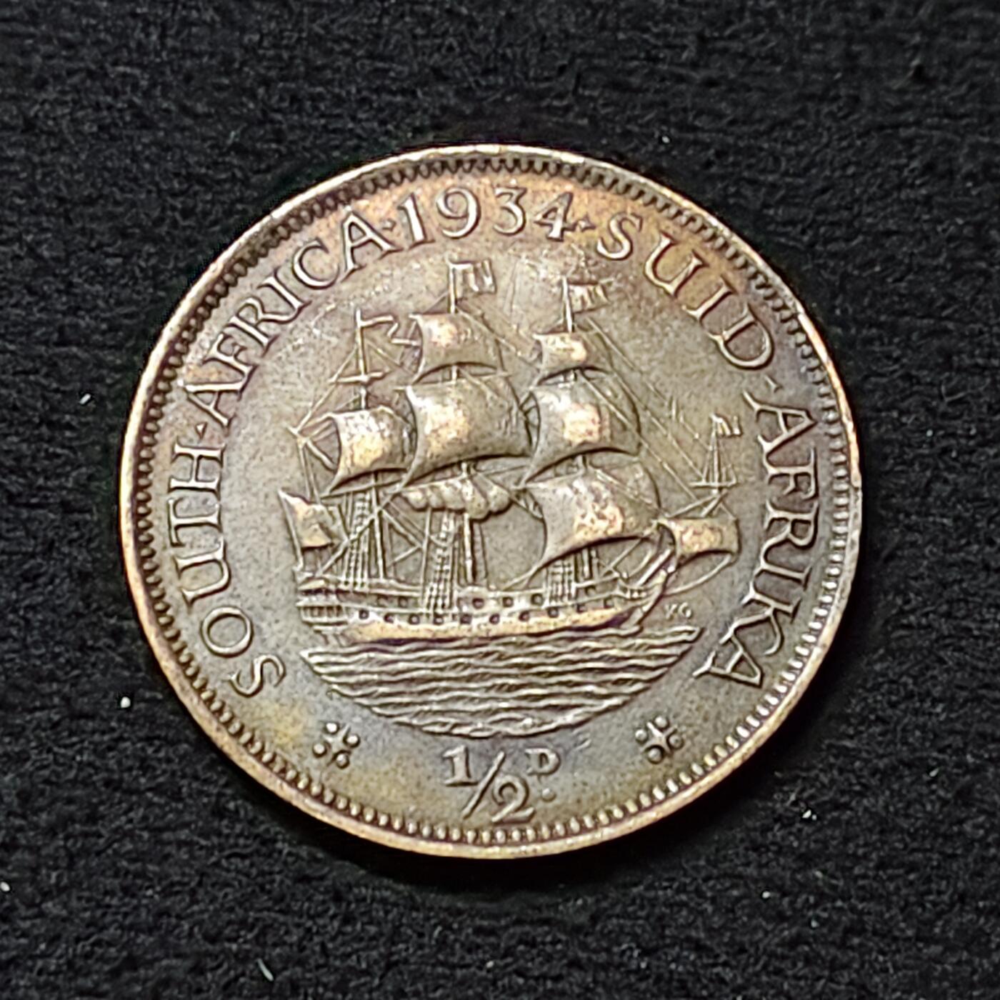 【全场包邮】纯粹捡漏拍478场（免费代拍第15场） 南非1934年乔治五世1/2便士铜币