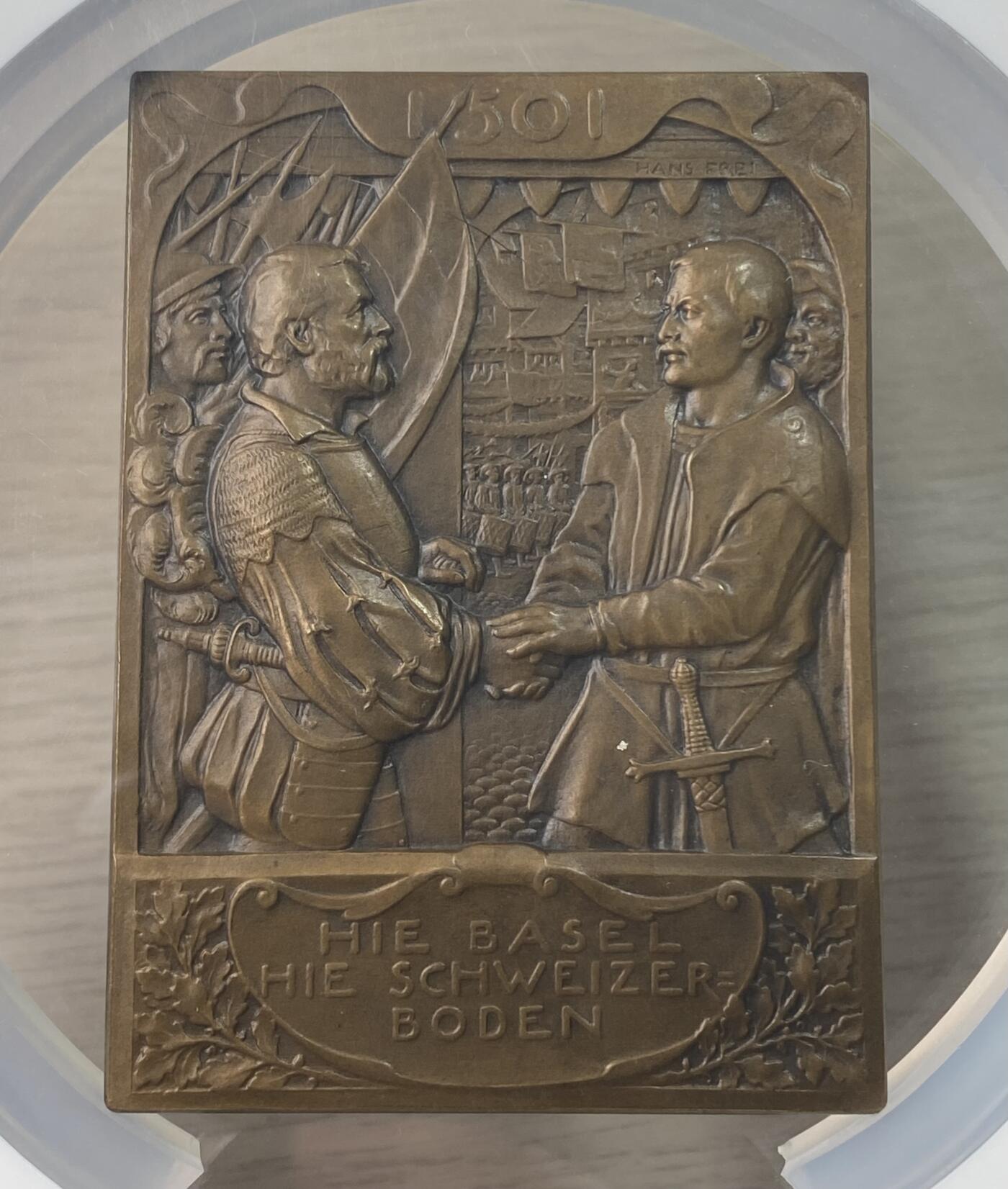 万国钱币拍卖第055期 NGC MS65 1901年瑞士巴塞尔纪念加入瑞士联邦400周年方形大铜章 37X50MM 少见瑞士方形大规格纪念铜章