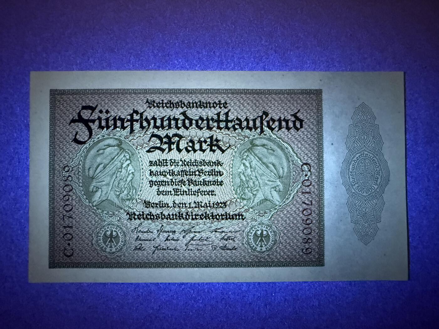 《艾美收藏》第220期-11.16周日外币畅拍场 德国500000马克 UNC 1923年 魏玛共和国 有一处针孔 无4