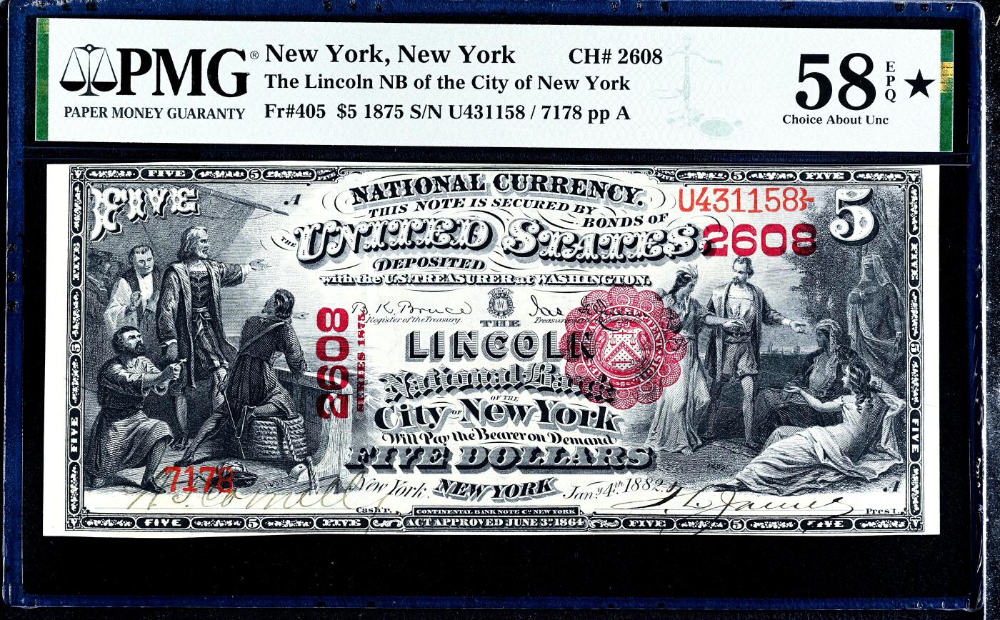 【Blue Auction】世界纸币精拍第751期——18级TOP拍卖/信誉/品质/专业/高效💫  【带星极罕见 设计非常精美 手签】美国纽约 1875年5美金国民券 正面描绘哥伦布发现新大陆和印第安公主呈现世界两个独立场景 背面是经典油画《哥伦布登陆》 大场景震撼 PMG58EPQ星星 大票幅 油墨凹凸感非常出众 对于150年前的老钞来说实在难得 凑套必备的精品  