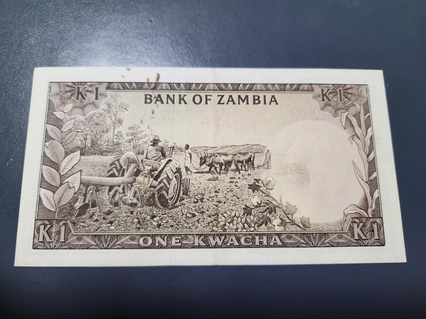 11月16号晚上8点 外国纸币自动截拍第60场 赞比亚 纸币 1976版 1克瓦查 极美品