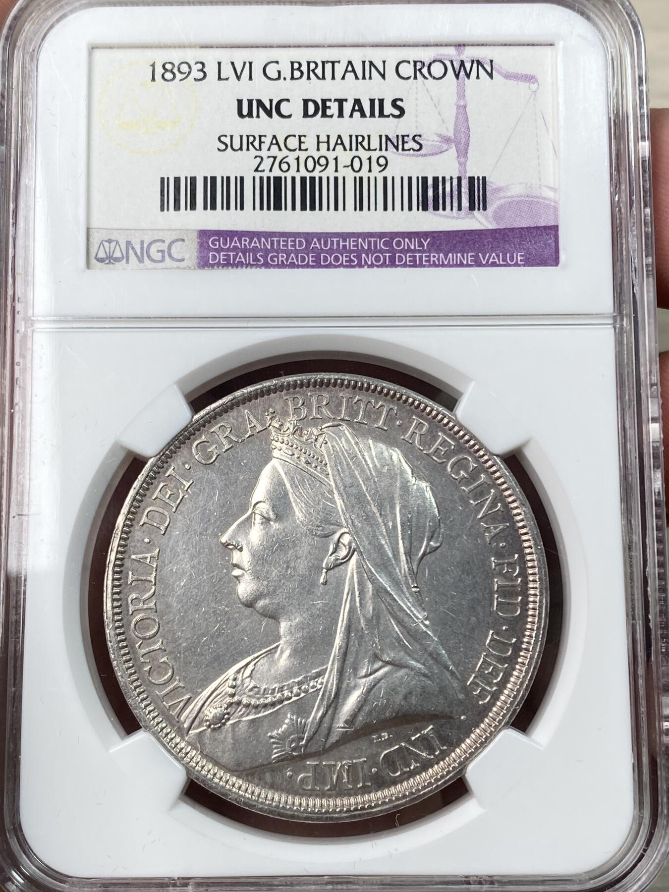 万国钱币拍卖第055期 NGC UNCD 1893年英国维多利亚女皇披纱马剑克朗 银霜转光高点极佳