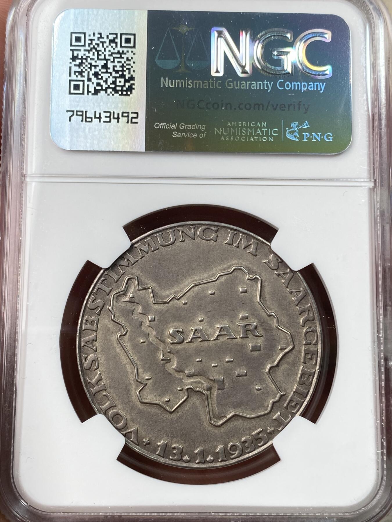 万国钱币拍卖第055期 NGC MS61 1935年德国萨尔区回归纪念银章 原味天鹅绒彩银光闪烁