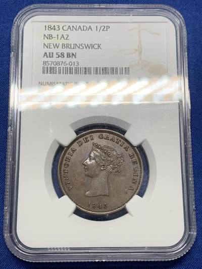 《竞宝斋》第438场 周日，周一，周二 3场连拍 （全场包邮） - NGC AU58BN 加拿大1843年不伦瑞克半便士，细节不错，少见品种，目录价高，58已经难得